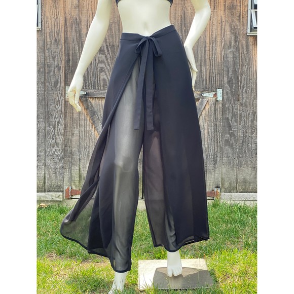 Black Wrap Pants, Summer Beach Pants, Wide Leg Pants, Loose Fit Side Slit Pants - Picture 4 of 6